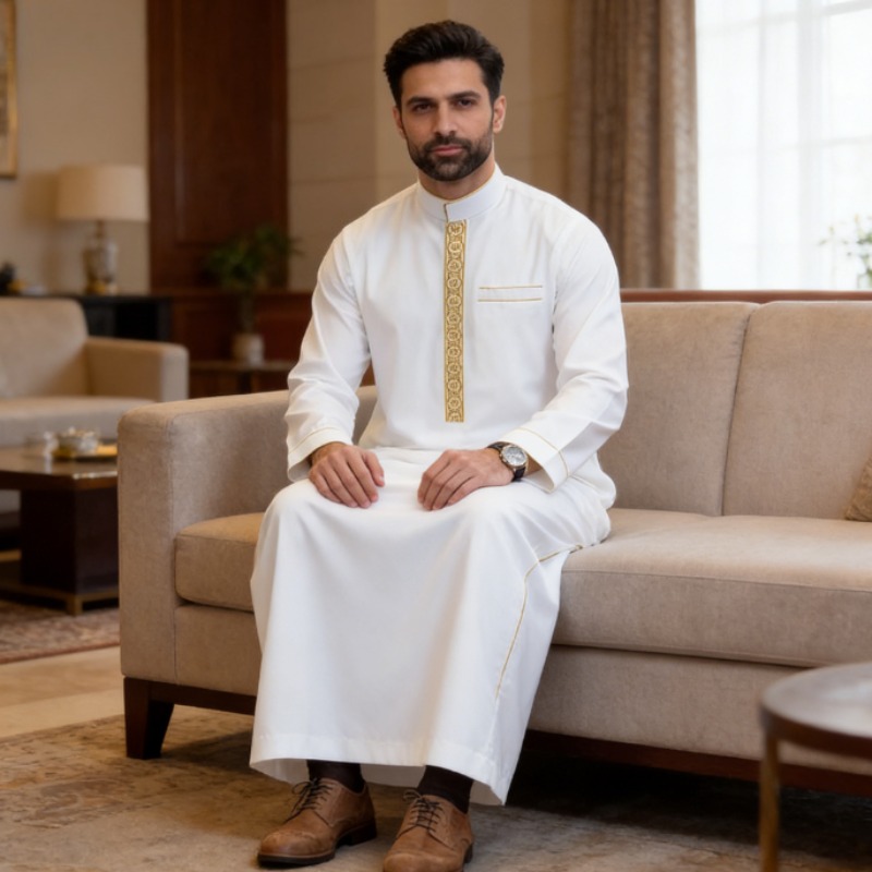 Thobe arabe pour hommes, brodé, à manches longues, coupe ample, Jubbah islamique pour la prière, tenue formelle