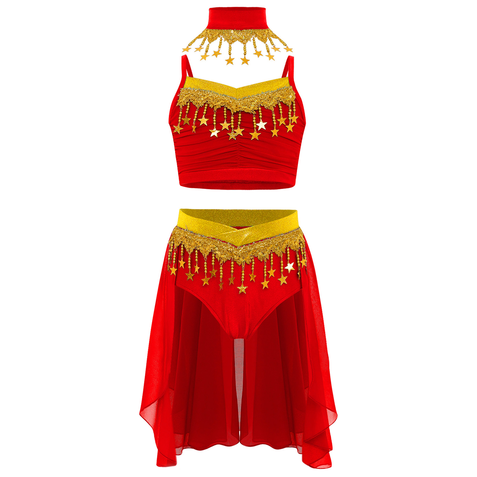 Enfants filles brillant étoile paillettes Bellywood Oriental danse du ventre Costumes ensemble glands indien froncé haut court jupe tenue de danse du ventre