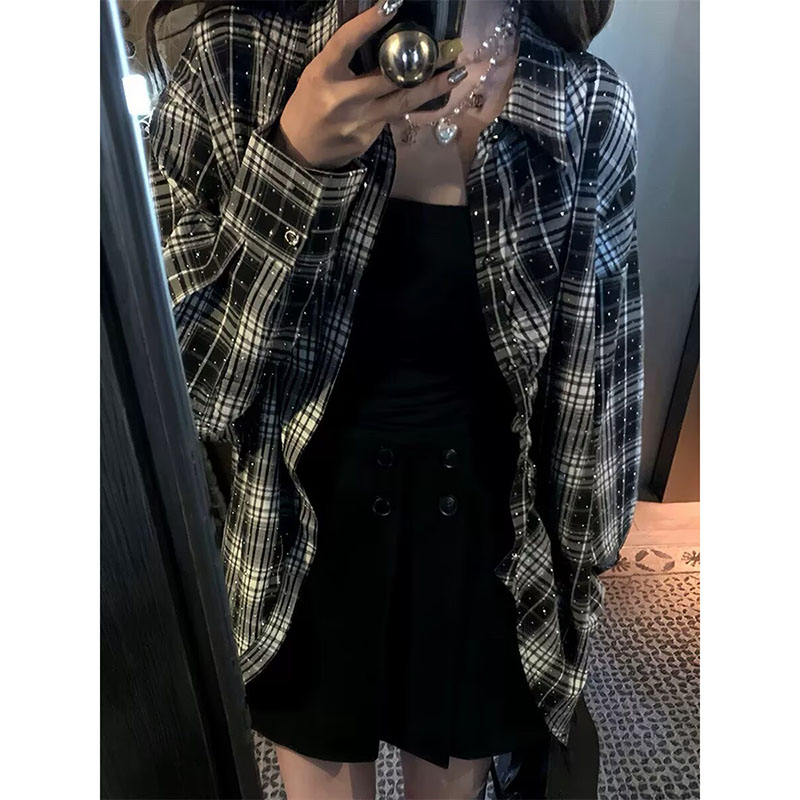 Femme Blouses femme vêtements automne nouveaux strass brillant Plaid simple boutonnage chemise femmes décontracté ample vent chemise marée manteau