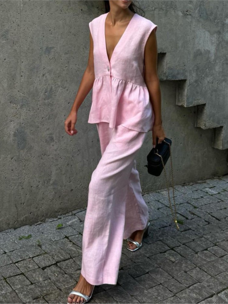 Ensemble deux pièces pour femmes, col en v, haut sans manches, gilet, pantalon à jambes larges, Simple, couleur unie, tempérament élégant, ensemble de transport, été