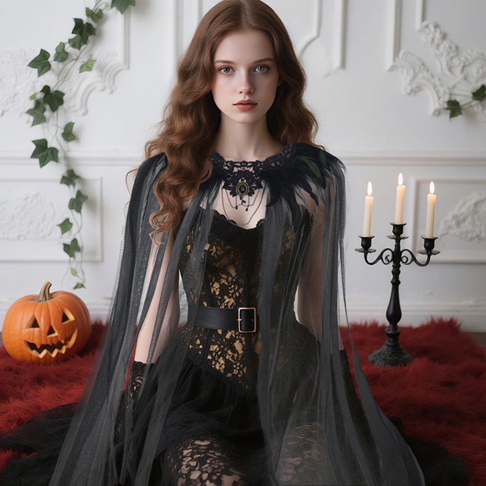 Cape femmes accessoires Tulle Halloween Cosplay Costume plume châle Cape gothique gothique voile Cape pour Cosplay événements spécial
