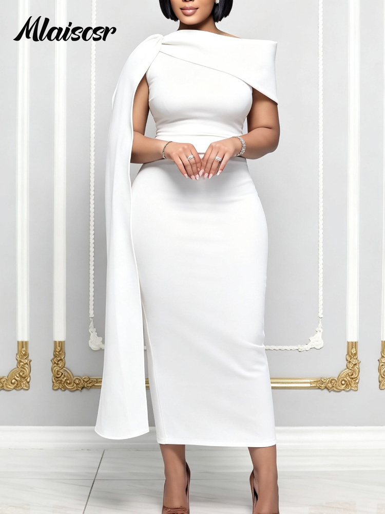 Robe Cape Asymétrique Bleu Clair Élégante pour Femme, Sans Manches, Taille Haute, Moulante, Longueur Midi, Idéale pour Soirées Formelles, Mariages ou Tenue de Bureau