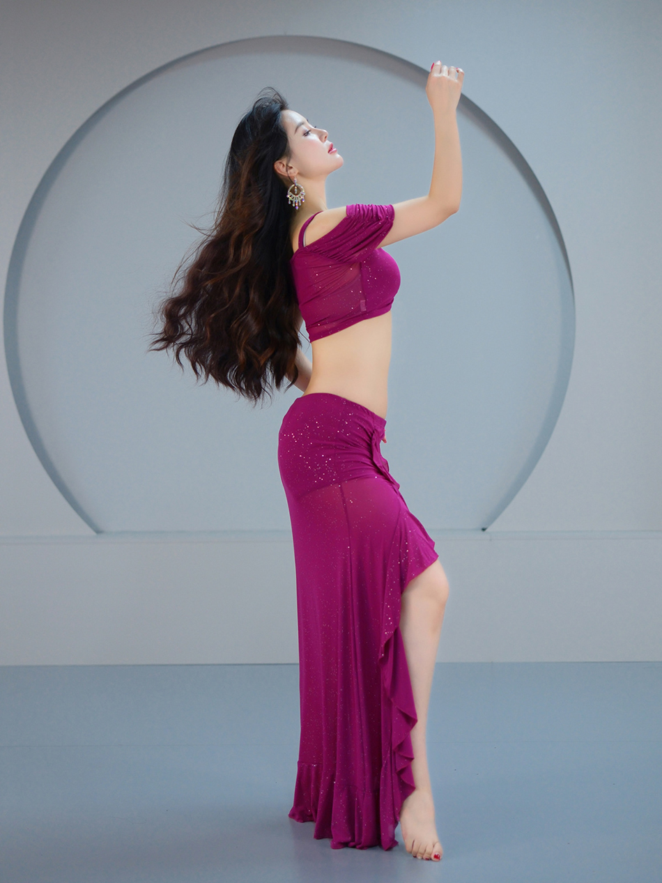 Costumes de spectacle de danse du ventre pour femmes, ensemble 2 pièces haut + jupe, fente unique, Costume de spectacle Sexy, tenue de danse