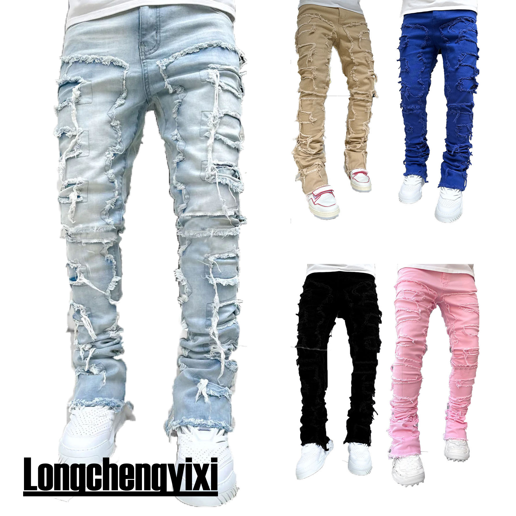 Viser de travail jeans de la nouvelle mode pour hommes, pantalons évasés en couches de denim de patchwork élastique de vêtements de travail de mode européenne et américaine S-XXL