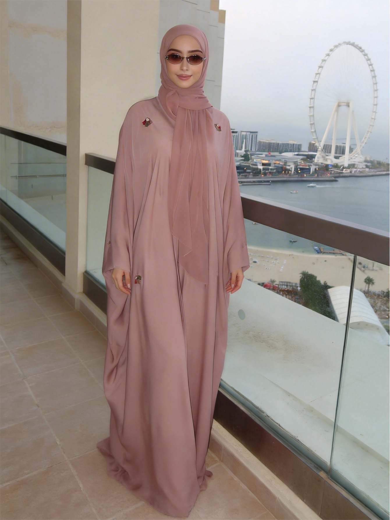 Vêtements islamiques élégants pour femmes, robe rose brodée, abaya arabe à manches chauve-souris amples