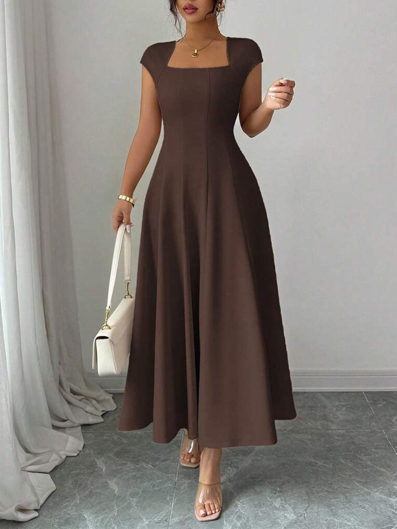 Robe midi à col carré pour femme, robe évasée ajustée à manches courtes, tenue élégante pour le bureau, les fêtes et les rendez-vous