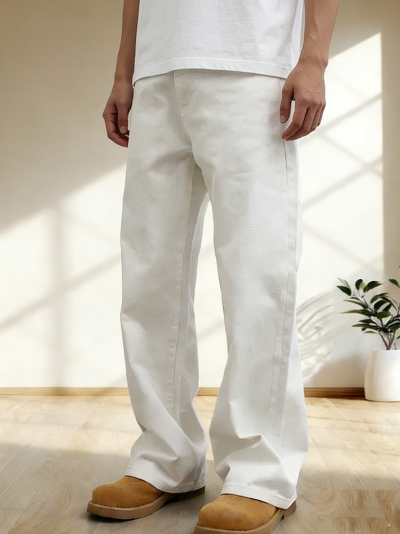 Jeans pour hommes de couleur blanc pur, style ample et large qui flattere les jambes, sensation haut de gamme