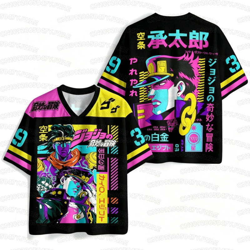 T-shirt court de sport respirant imprimé Harajuku à col en V pour hommes et femmes, motif anime populaire JOJO Jotaro Kujo, collection 2026