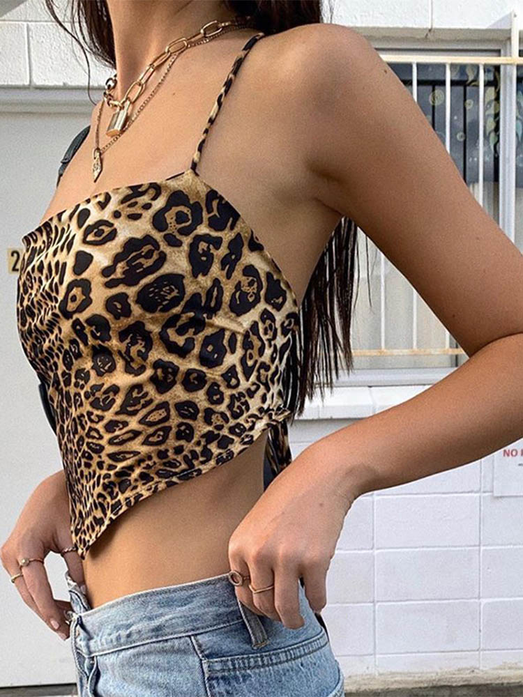 Débardeur à motif léopard pour femmes, dos nu, Sexy, tenues Rave, sans manches, croisé, à lacets, Bralette, haut court, Streetwear d'été