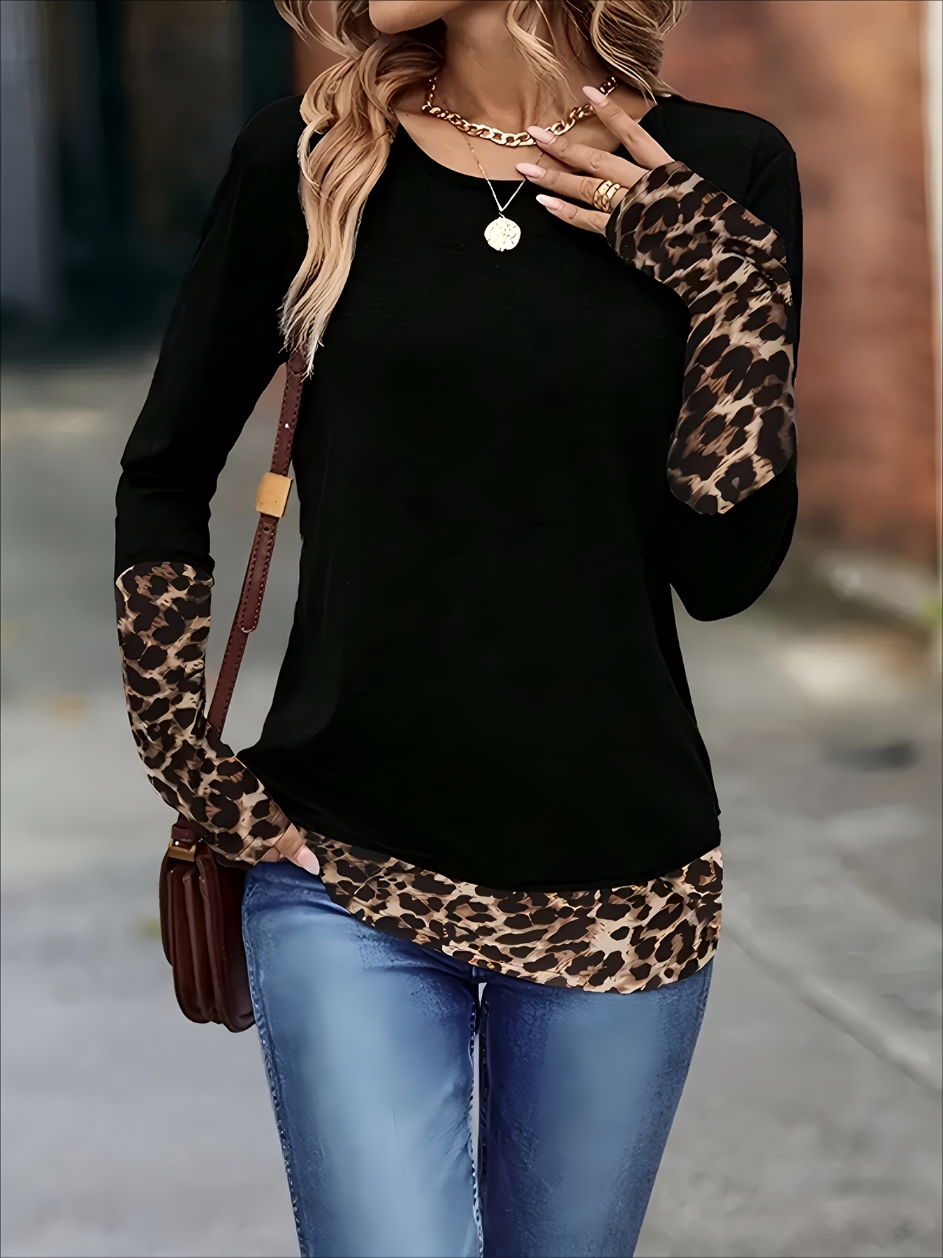 Haut décontracté pour femme à manches longues, imprimé léopard, patchwork, col rond, poignets contrastants, T-shirt décontracté, chemisier streetwear tendance