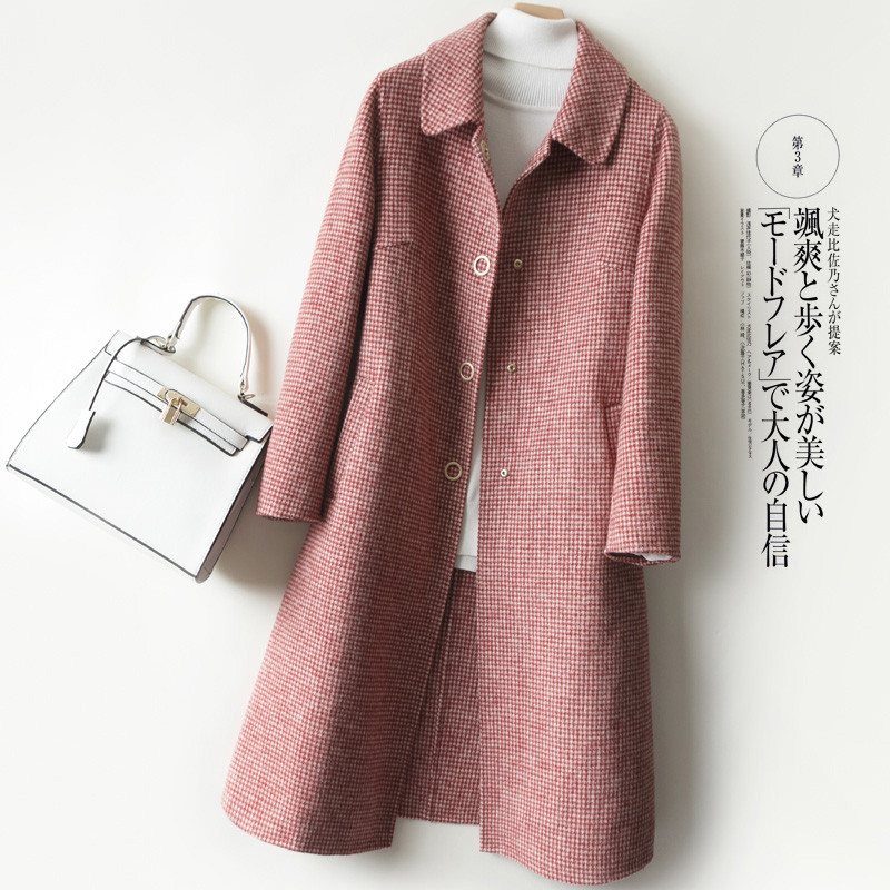 Manteau Long en laine à simple boutonnage pour femme, veste d'hiver en laine, élégant, col rabattu, à carreaux, chaud, nouveauté