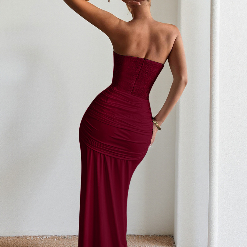 Nouvelle robe de soirée longue, robe cintrée à la taille, robe élégante sans bretelles avec ruban, style vacances