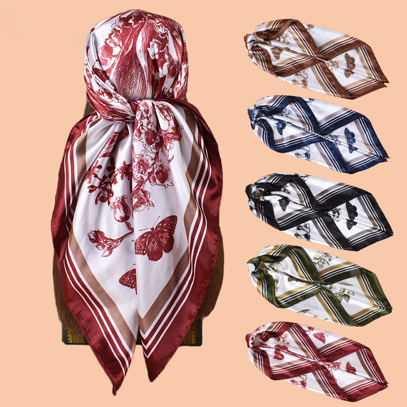 Foulards carrés en soie à imprimé floral papillon pour femmes, écharpes, bandanas, hijabs, cravates de cou, foulards doux pour femmes