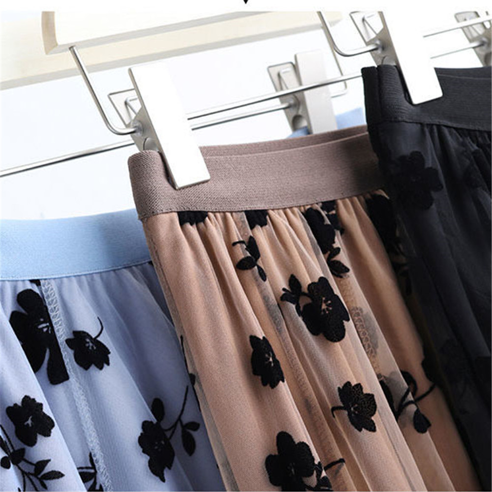 Jupe florale taille haute pour femme, jupe en tulle, maille plissée, midi, élastique, décontracté, vintage, dames, femme, automne, hiver