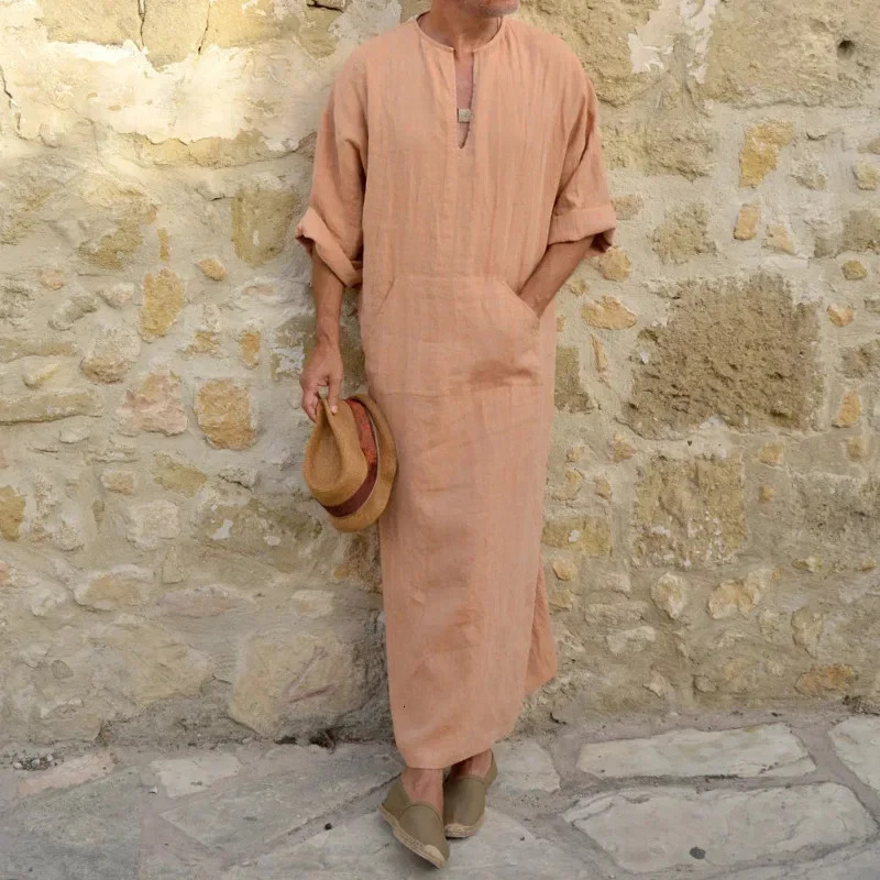 N36O hommes lin doux Robes musulmanes Abaya dubaï arabe robe islamique vêtements caftan Jubba Thobe Qamis Homme Islam traditionnel N36O