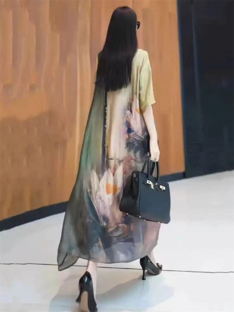 Robe longue amincissante d'été haut de gamme, tendance, style rétro, jupe large avec imprimé floral, coupe ample et amincissante