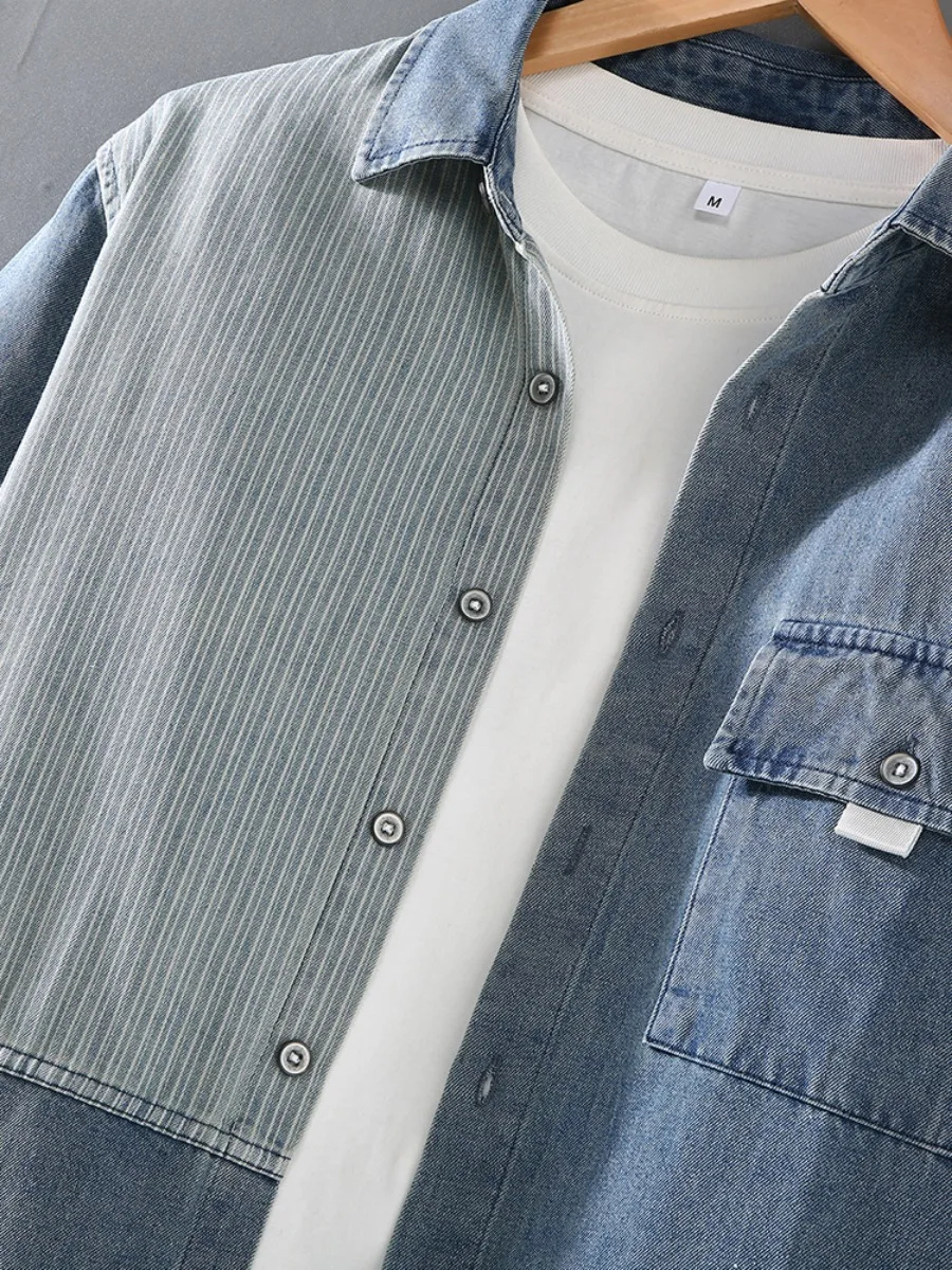 Chemises en jean décontractées pour hommes 2026, style streetwear coréen, patchwork, rayées, fines, pour hommes élégants au quotidien