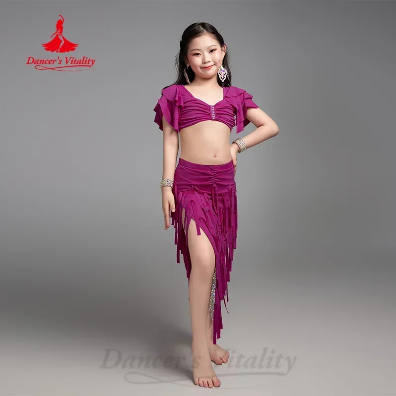 Tenue de danse du ventre pour filles, costume d'entraînement élégant avec pompon, vêtements d'entraînement professionnel de danse orientale pour enfants