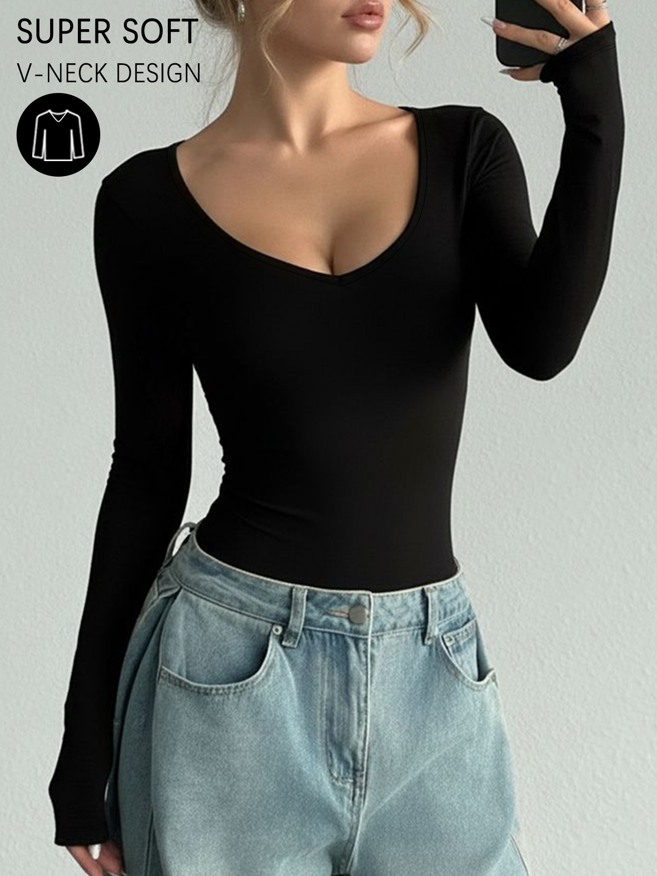 T-shirt à manches longues pour femme, col en V super doux et très extensible, coupe toutes saisons