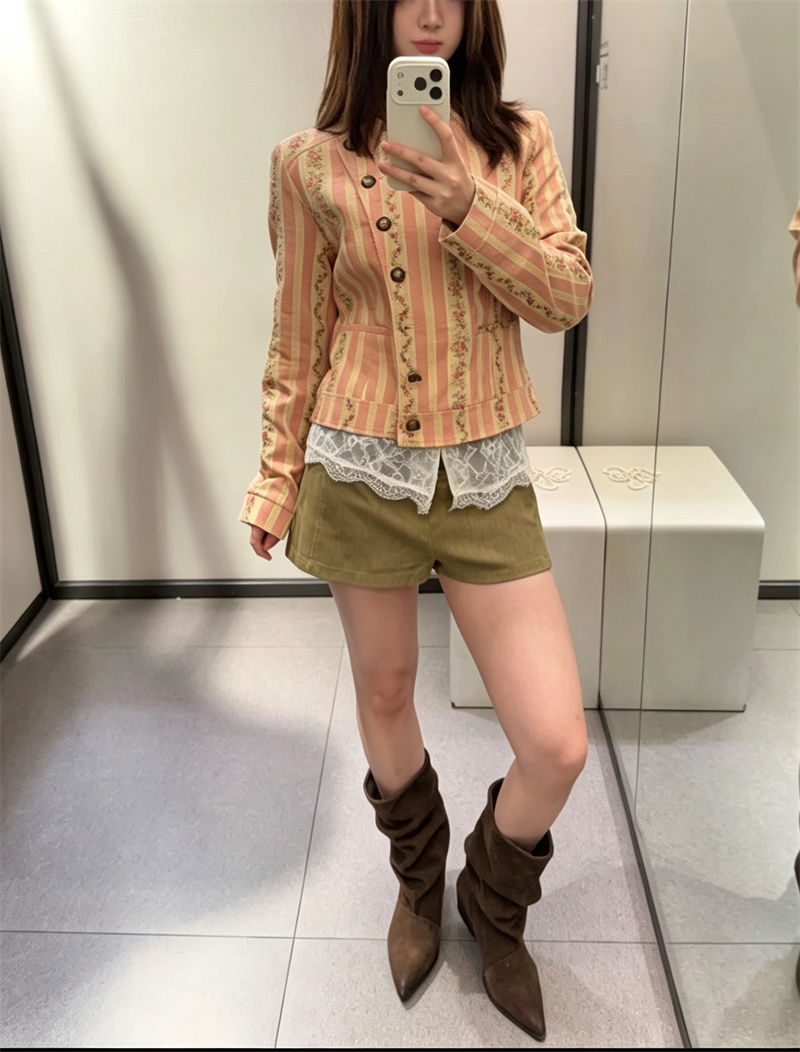 Veste à col montant pour femme Guobioziy, manches longues, manteau à rayures jacquard et motif floral, mode automne précoce