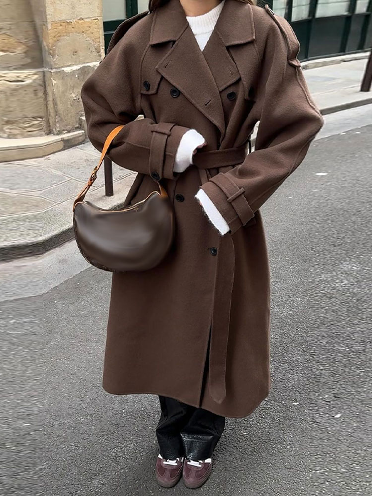 Manteau Long en laine pour femme, revers, Double boutonnage, poches décontractées, Chic, élégant, vêtements d'extérieur, automne hiver, pardessus de rue pour dame
