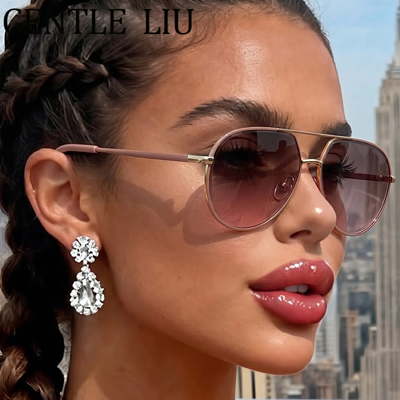 Lunettes de soleil ovales vintage pour femme 2026 – Lunettes de soleil de luxe de créateur, style pilote, double pont, surdimensionnées, pour la conduite, monture tendance