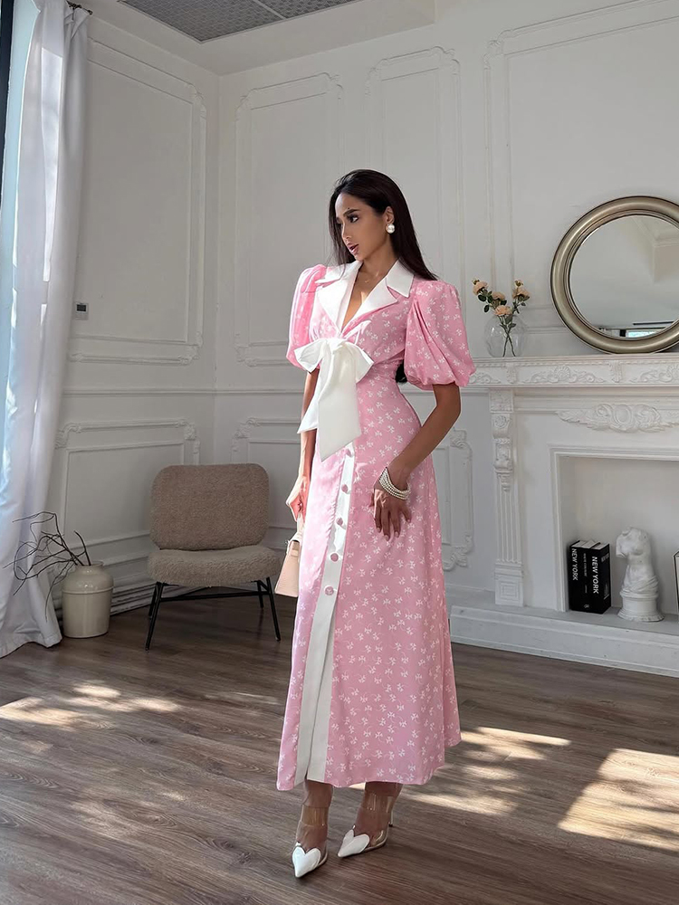 Nouvelle Robe Longue Imprimée Décontractée pour Femme, Chic, Col en V, Manches Courtes Bouffantes, Taille Cintrée, Robe d'Été 2026 pour les Vacances