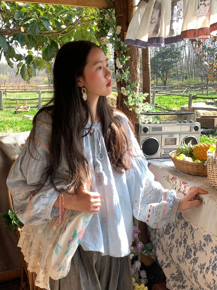 Femmes nouveau printemps broderie florale Blouse Vintage décontracté à manches longues petit haut