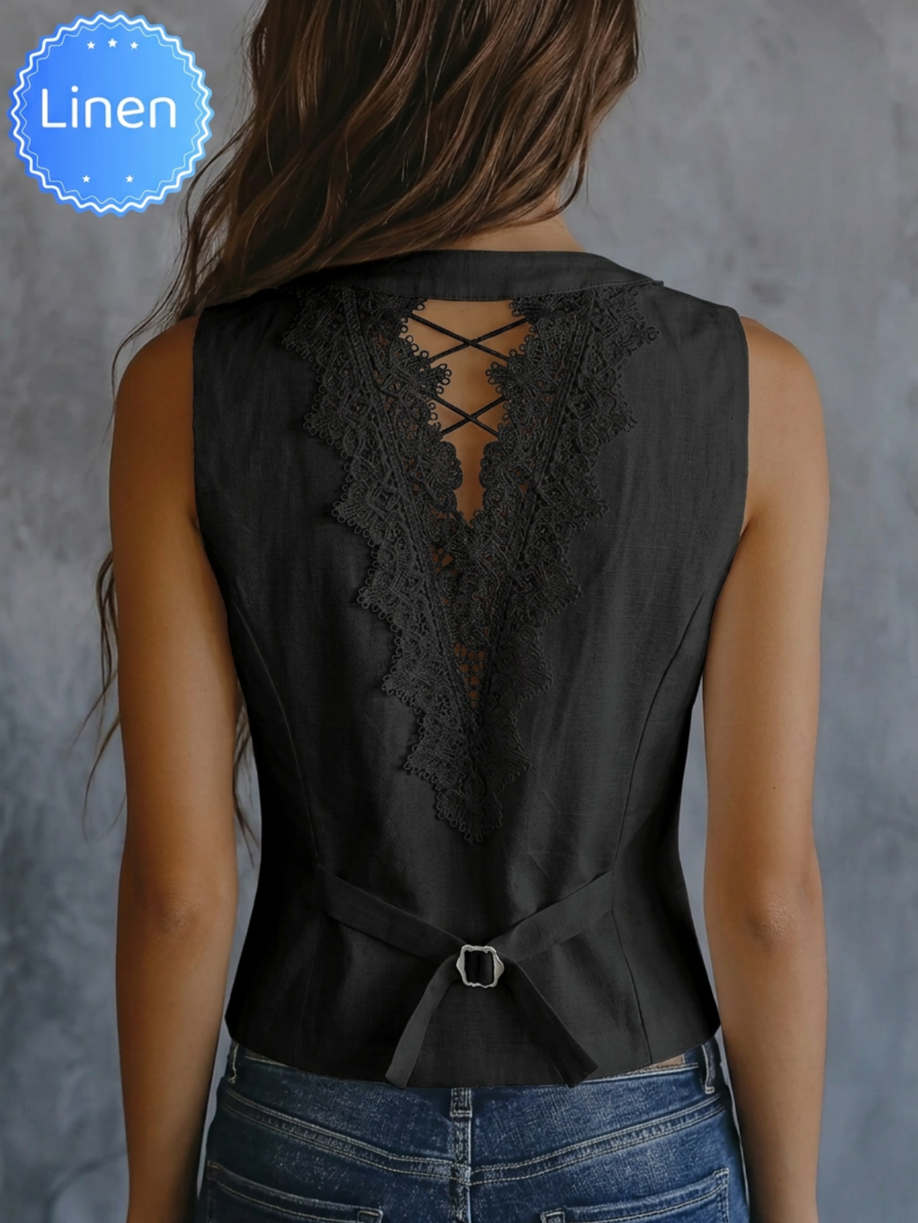 Gilet élégant en lin pour femme, nouvelle collection printemps-été-automne, simple et stylé avec dos en dentelle, sans manches, polyvalent