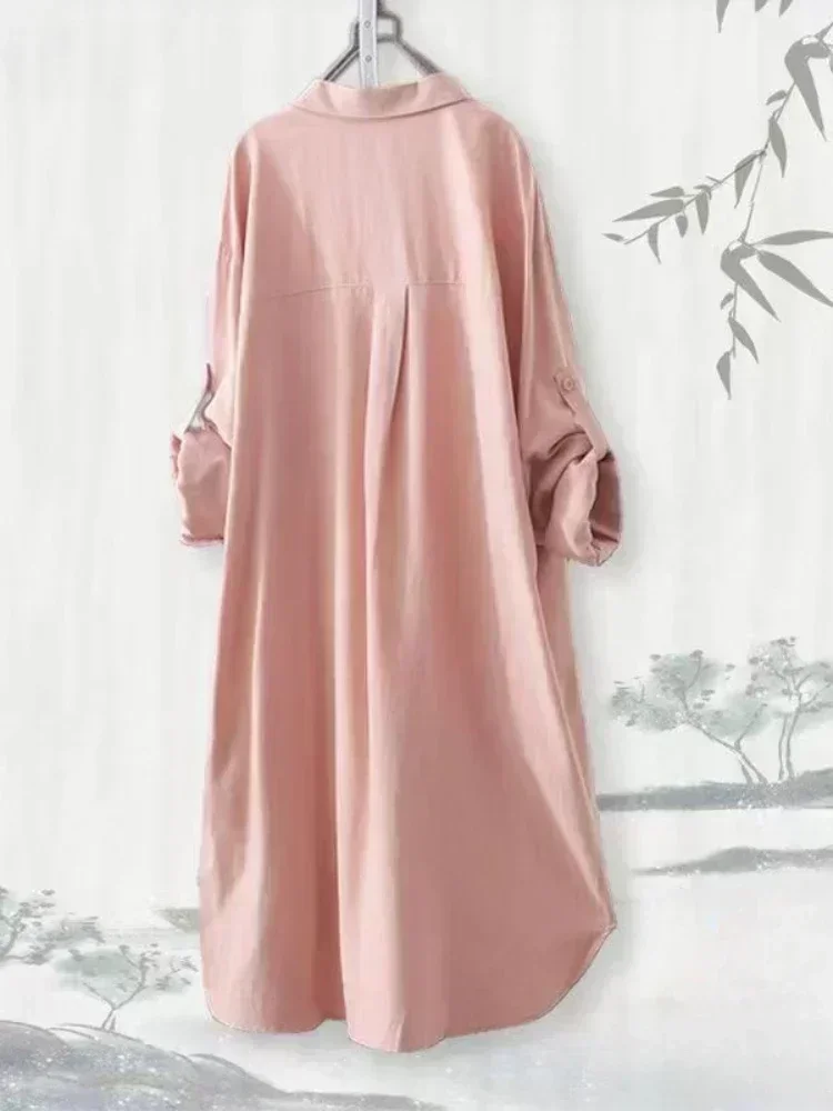 Grande taille femmes Simple à manches longues Blouse Chic Style coréen coupe ample respirant chemise décontracté automne couleur unie Midi tunique hauts