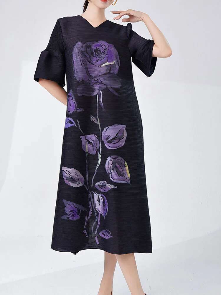 LANMREM-Robe plissée à col en V et manches lanterne pour femme, vêtement élégant de styliste avec impression florale, nouvelle collection été 2024, 2DA7893