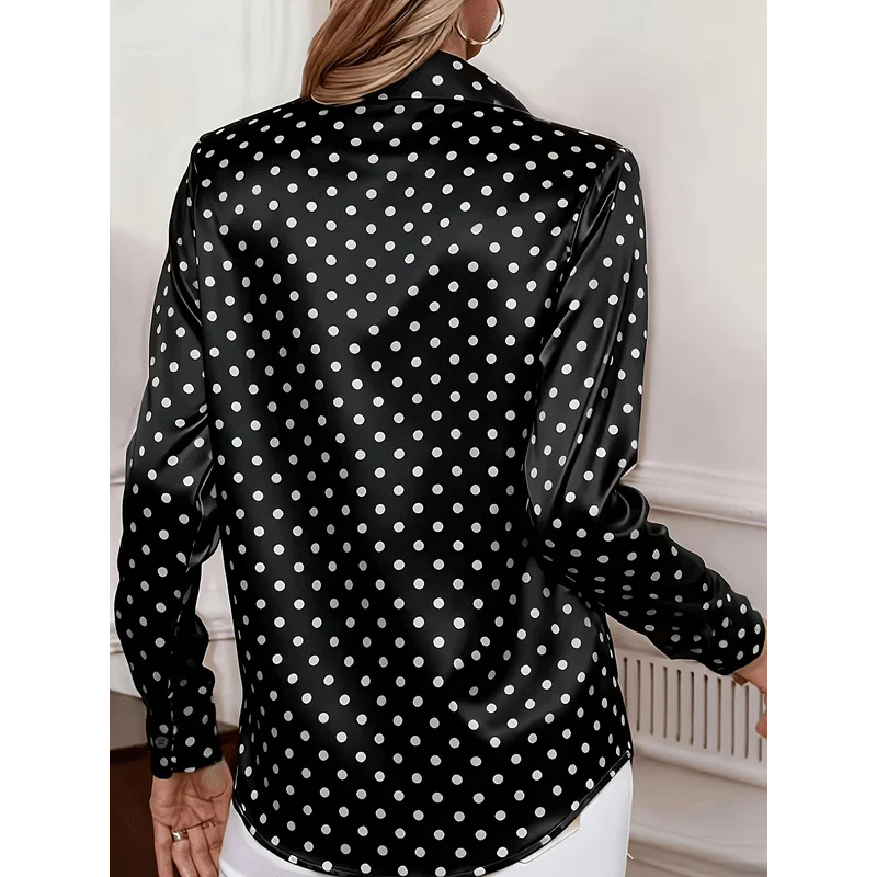 Chemise en satin à pois noirs et blancs pour femmes - Col à revers, col en V, manches longues, boutonnée