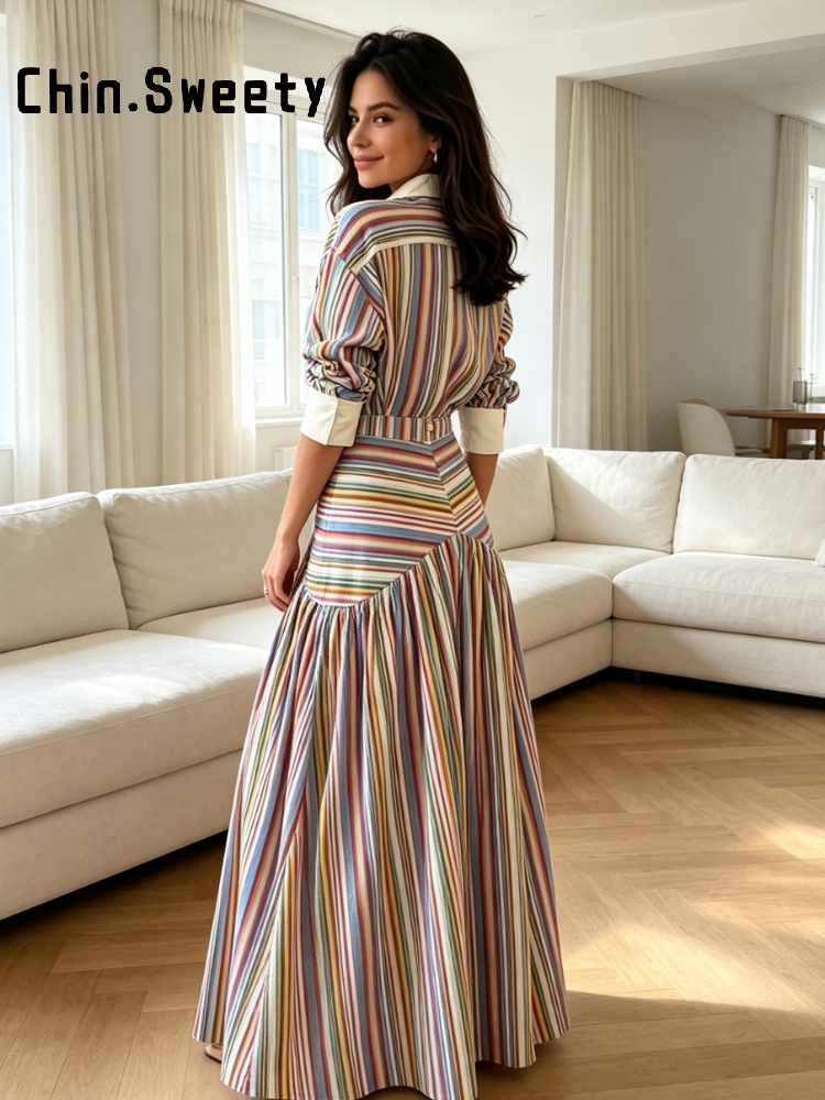Ensemble 2 pièces mode femme : chemisier rayé multicolore boutonné et jupe longue évasée taille haute – Collection été 2026