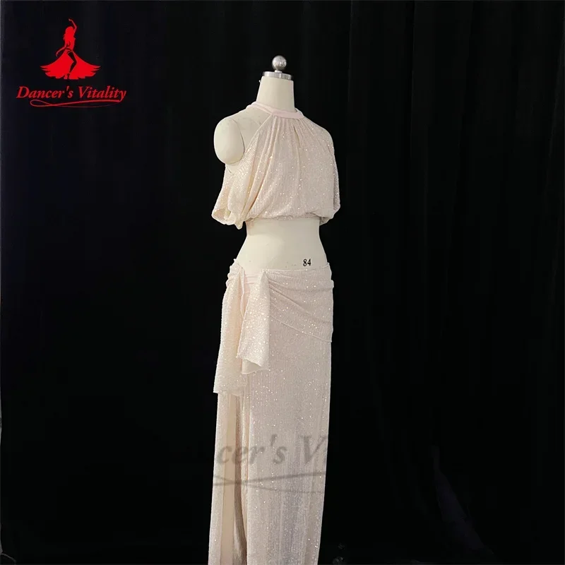 Ensemble de costumes de concours de danse du ventre pour femmes, haut à paillettes + jupe longue fendue, Costume d'entraînement 2 pièces, tenue orientale personnalisée pour adultes et enfants