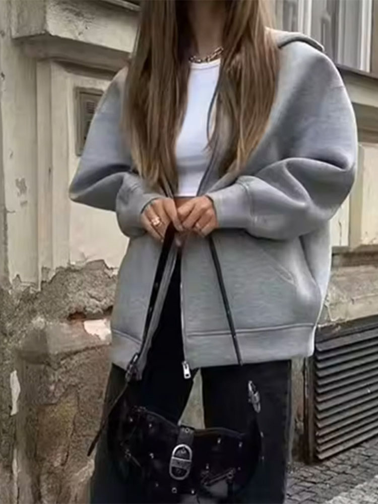 Sweat-shirt à capuche zippé pour femme, coupe ample, manches longues, avec poche, style streetwear, veste d'extérieur