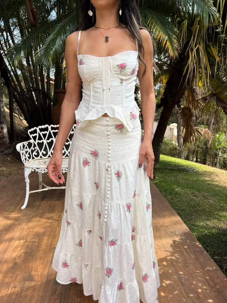 Ensemble 2 pièces pour femme, imprimé floral bleu, haut corset camisole et jupe longue à volants, tenue d'été bohème pour les vacances à la plage