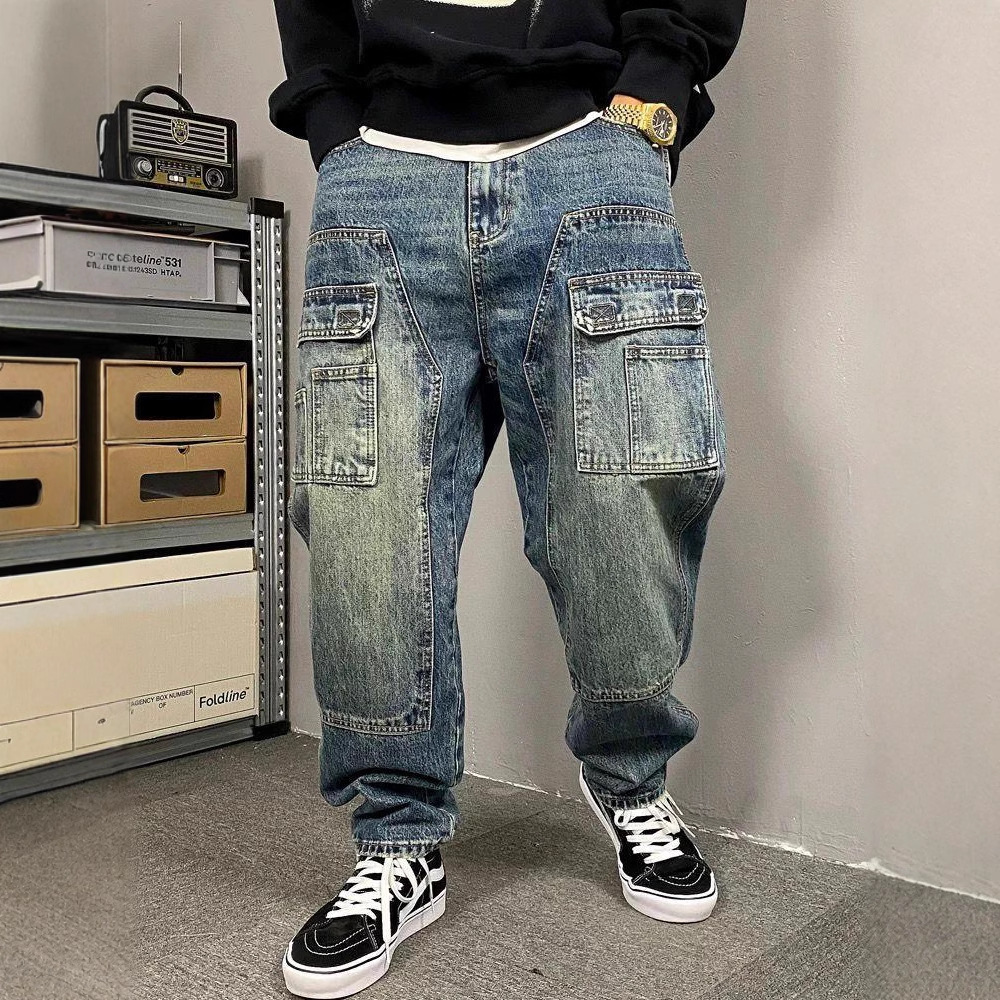 Jeans de travail vintage délavés décontractés américains pour hommes au printemps et en automne, style de rue, pantalons coniques amples.
