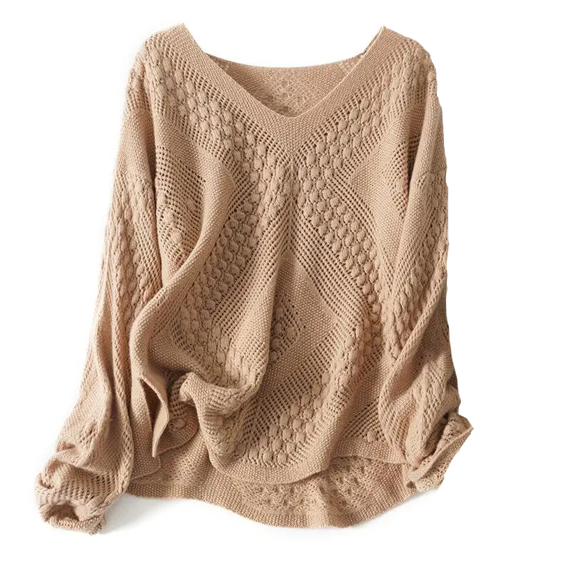 Pull tricoté décontracté ample à manches longues pour femme, grande taille 6XL (jusqu'à 150 kg), couleur unie, ajouré, collection automne-hiver