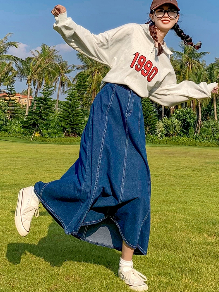 Jupe Maxi longue en Jean pour femmes, décontractée, taille haute, en Jean, ligne a, à volants, grande taille 5XL 6XL, printemps été