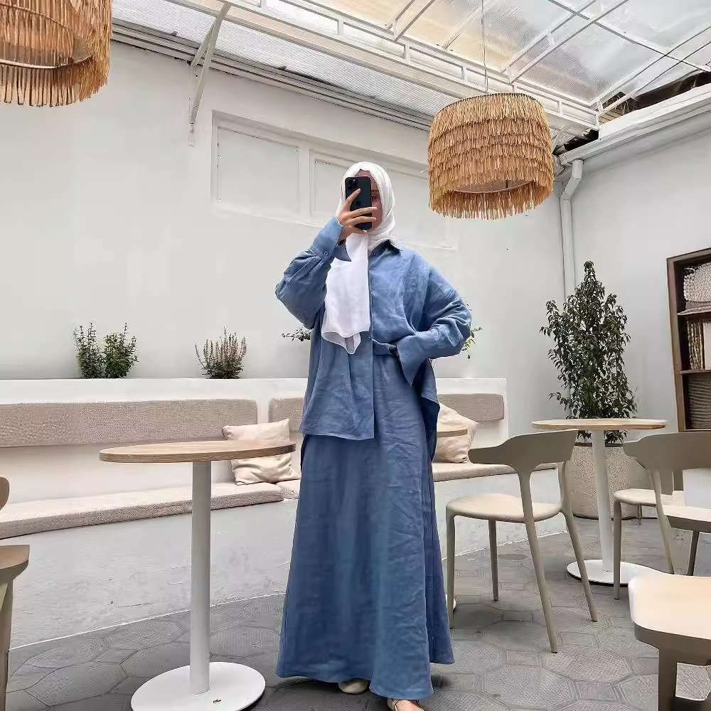Ensemble de Chemises et Jupes sulfà Boutonnage Simple pour Femme Musulmane, Vêtement Modeste, Islamique, Maroc, Dubaï, 2 Pièces