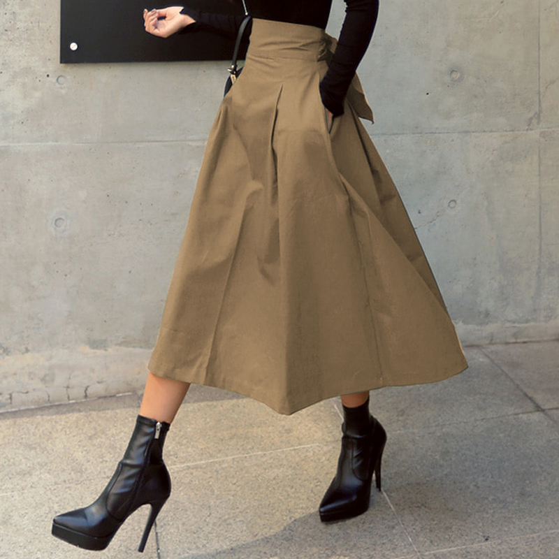Jupes femmes mode coréenne couleur unie grande balançoire dames jupe longue jupe 2025 automne sauvage taille haute nœud jupes minces