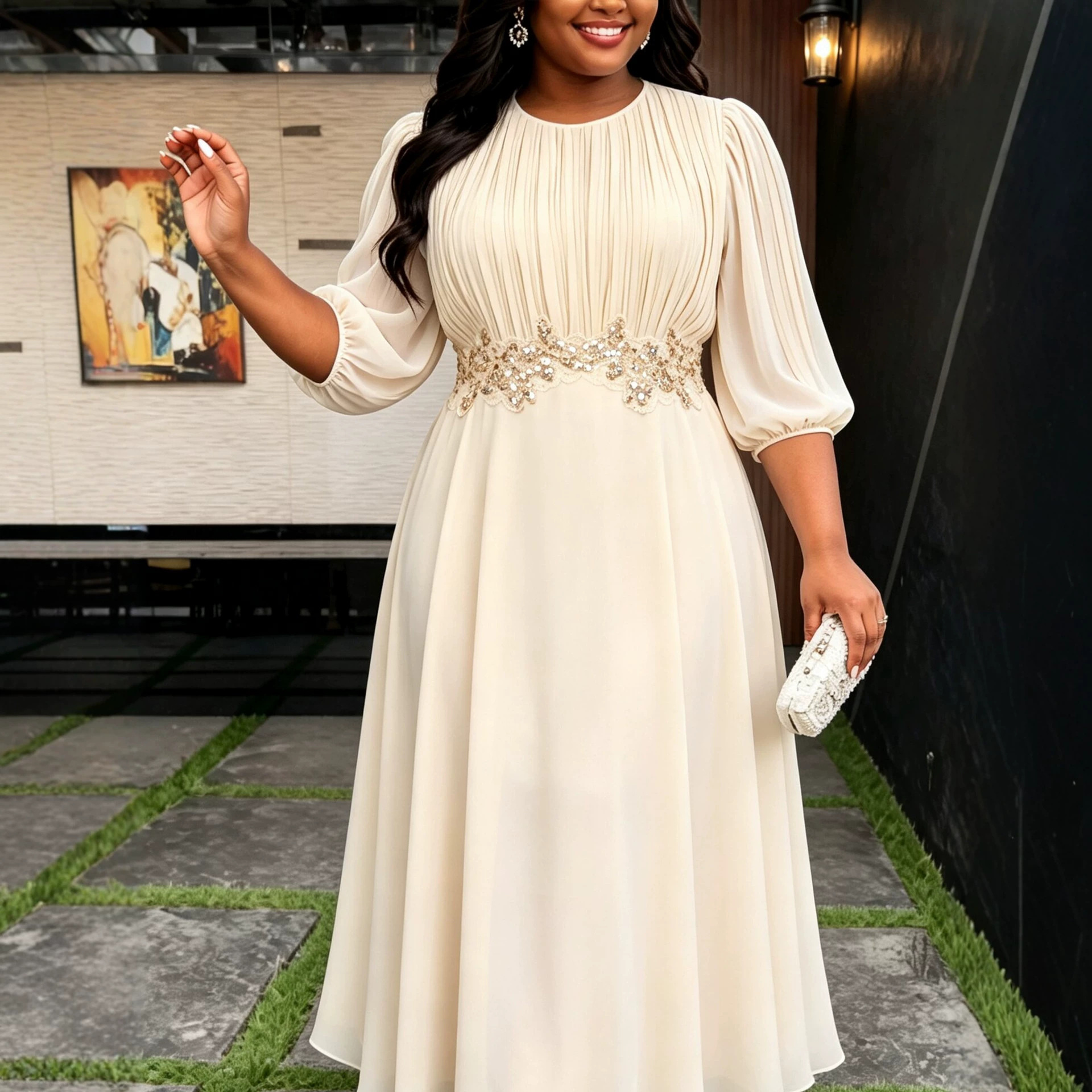 Robe plissée élégante en mousseline pour femme africaine, col en V, manches bouffantes, appliques florales, taille ajustée, pour mariages, fêtes, événements religieux