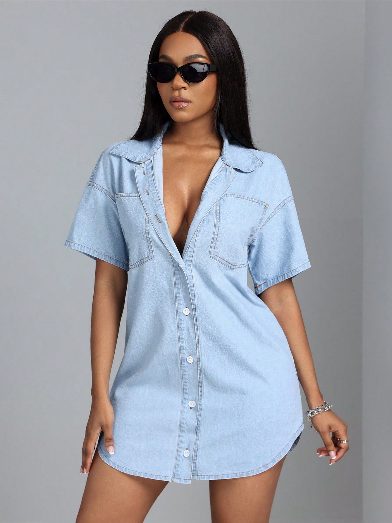 Robe Courte en Jean pour Femme, Coupe Trapèze, Col Rabattu, Style Y2K Streetwear, Élégante, avec Empiècements, pour Soirée, Fête, Travail, Été 2026