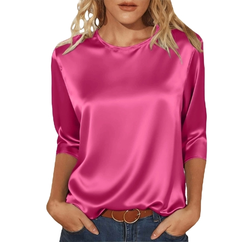Chemisiers en satin soie pour femmes, tunique à manches 3/4, hauts décontractés, amples, chemise basique, D0UB