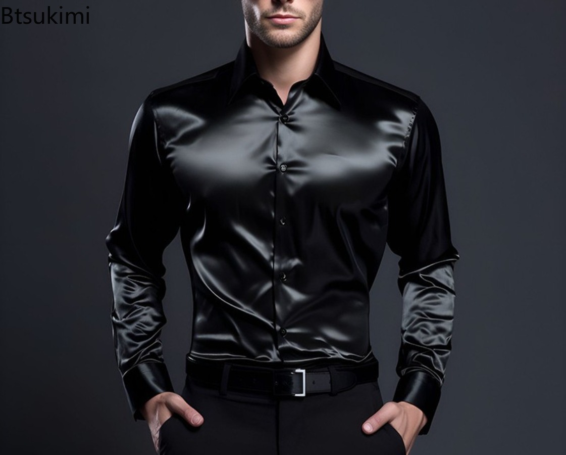 Chemise de luxe en Satin de soie pour hommes, manches longues, décontractée, coupe cintrée, pour bureau d'affaires, élégante, couleur unie, revers, fête de mariage, bal