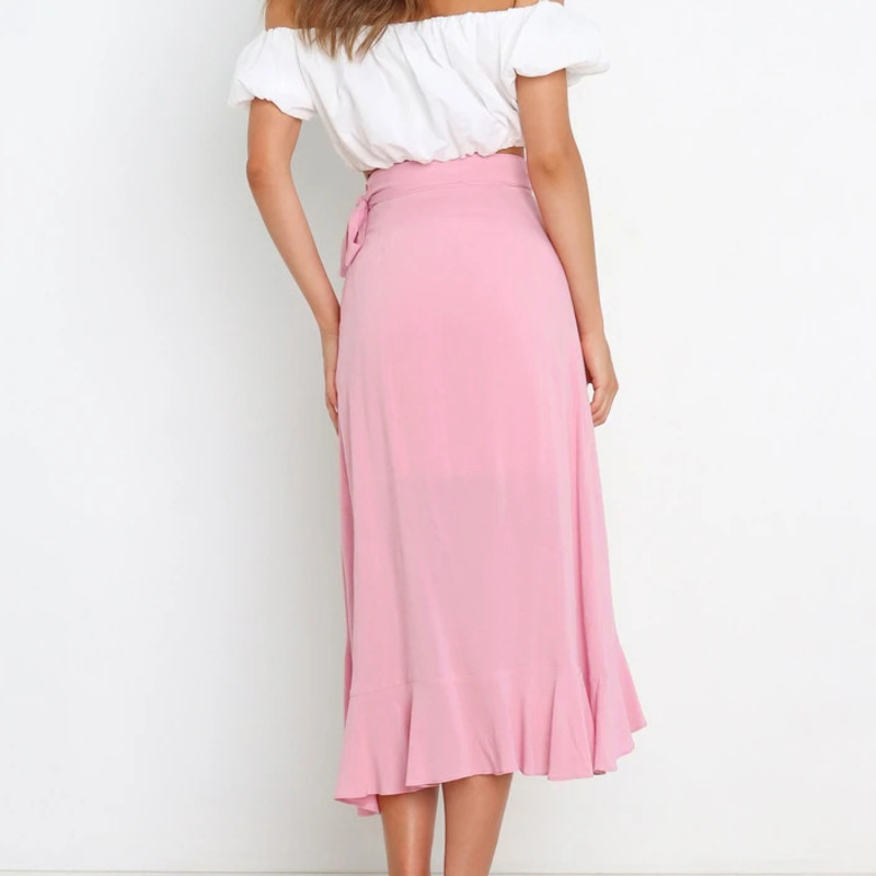 Jupe longue en mousseline de soie pour femmes, à volants, à lacets, couleur unie, taille haute, décontractée, été 2026