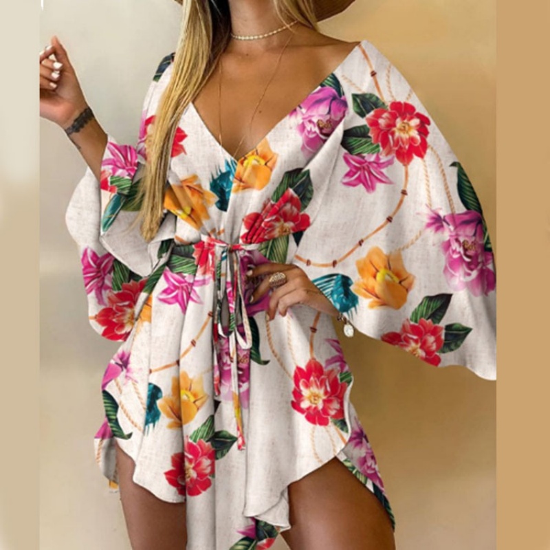 Robe kimono à imprimé floral pour femme, col en V, avec ceinture à nouer et ourlet asymétrique, idéale pour les vacances d'été à la plage