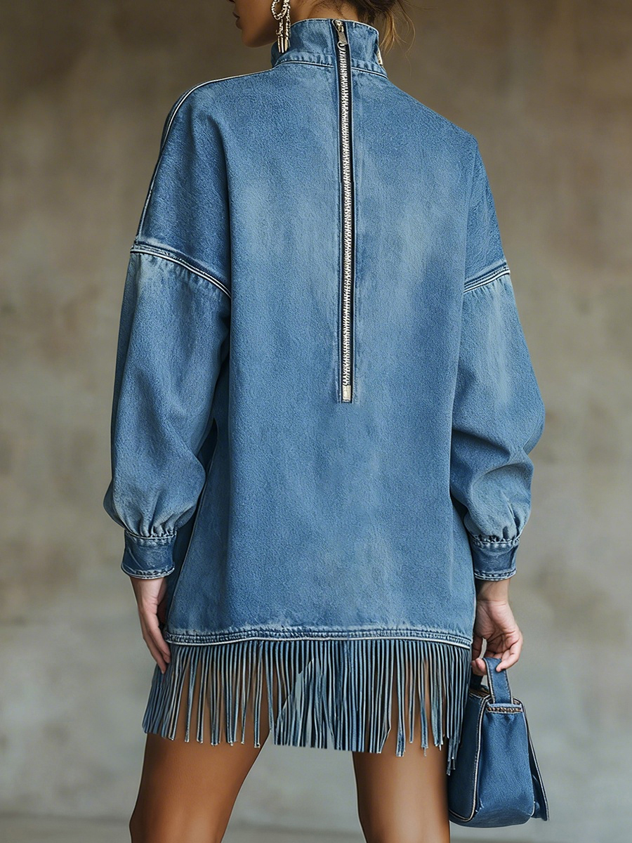 Robes en jean vintage pour femmes, col mi-haut, couleur unie, ourlet à franges, robe longue à manches longues, poche, sweat-shirt ample