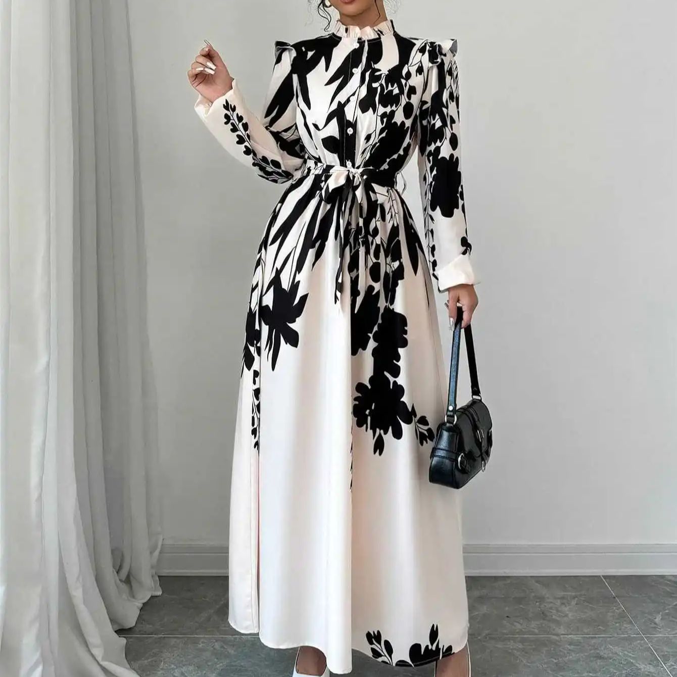 Robes pour femmes, imprimé fleurs noires et blanches, manches longues, col à volants, robe élégante, robe trapèze à lacets, nouvelle collection printemps 2026