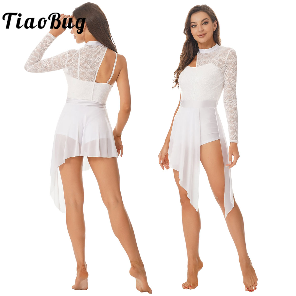 Robe de danse lyrique pour femmes, asymétrique épaule dénudée, manches longues, dentelle transparente, robes de justaucorps de gymnastique, vêtements de danse contemporains modernes
